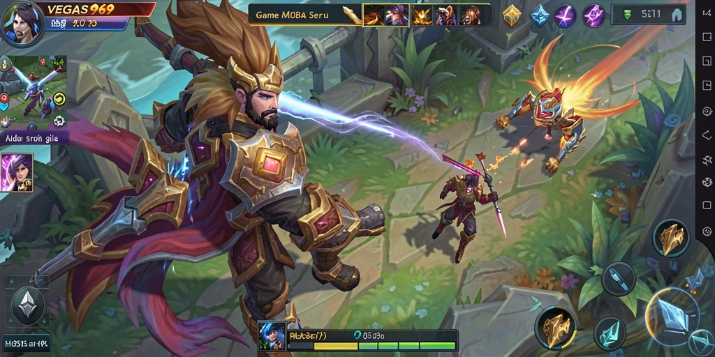 Screenshot gameplay VEGAS969 menampilkan pertempuran seru antar tim MOBA.